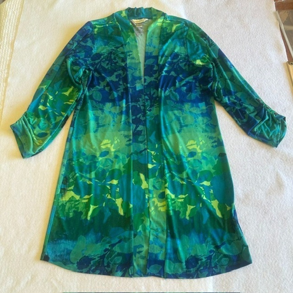 Christopher Banks Cardigan Womens M Green Blue Floral Open Front Long Tunic